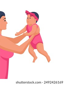 Mother with a baby in arms. Newborn in arms. Happy Mother`s Day greeting card. Young family is happy with baby. Vector illustration flat design. Isolated on white background.