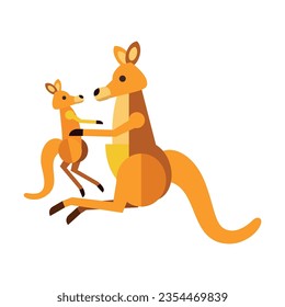 Mother and baby Australian kangaroos. Cute wild animal cartoon illustration. Wildlife and zoo concept. Colored flat vector isolated on white background