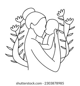 mother with baby avatar cartoon character in the garden graphic design. Mothers and baby line art style of vector illustration, Mother's Day Celebration.