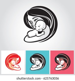 Mother and baby - beautiful vector illustration, graphic image, computer icon, label design element. Monochrome colors.
