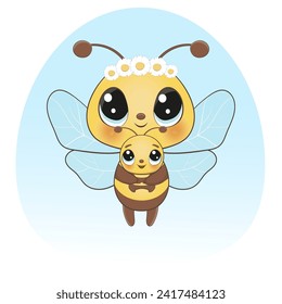 Mother and baby bees vector illustration. Happy baby bee cartoon style character. Perfect illustration for t-shirt wear fashion print design, cards, baby shower, party invitation and much more