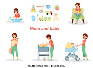 Mother and baby big set. Isolated on white background. Cartoon style. Vector illustration