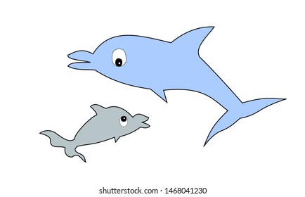 Mother and baby Bottlenose dolphin isolated on white background, Blue and gray mammal that live in the sea
