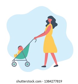 Mother with baby boy on a walk. Cute young woman in a yellow dress with a green baby stroller. Funky flat style. Vector illustration on a blue background