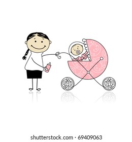 Mother with baby in buggy walking