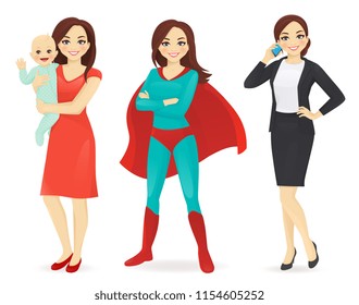 Mother with baby, businesswoman and woman in superhero costume vector illustration