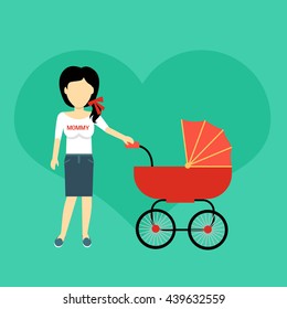 Mother with a baby carriage banner design flat. Parent mother walking with baby in the baby carriage. Mom young happy with toddler, female and motherhood, love and happiness, vector illustration