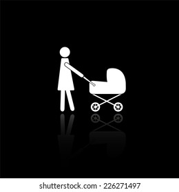 mother with baby carriage icon - vector illustration with reflection isolated on black