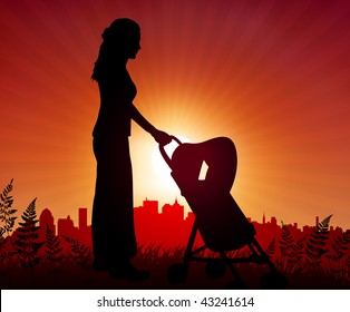 Mother and baby carriage on sunset background  Original Vector Illustration Mother with Sunset