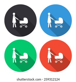 mother with baby carriage vector icon - colored(gray, blue, green, red) round buttons with long shadow