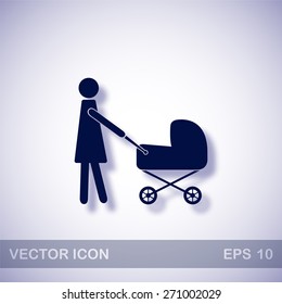 Mother with baby carriage vector icon - dark blue illustration with blue shadow