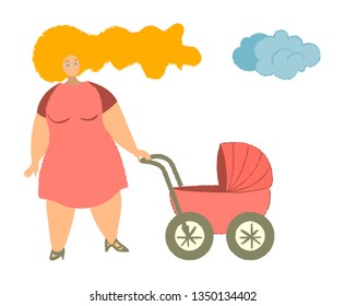 Mother with baby carriage vector illustration. Mom with newborn in pram. Woman with child walking in park flat clipart. Female cartoon character. Parenting, motherhood