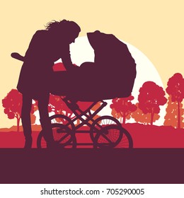 Mother with baby cart in park walking vector background