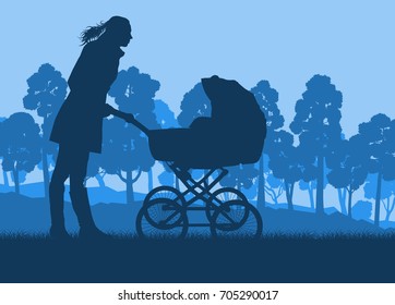 Mother with baby cart  in park walking vector background