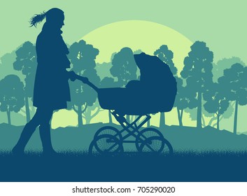 Mother with baby cart  in park walking vector background