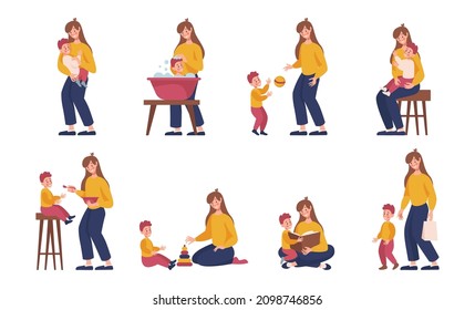 Mother and baby cartoon characters vector illustrations set. Mom taking care of little son, woman playing with kid, bathing toddler isolated on white background. Family, motherhood concept