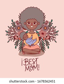 Mother and baby cartoon with flowers and leaves design, happy mothers day love relationship decoration celebration greeting and invitation theme Vector illustration