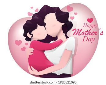 Mother with baby in cartoon style on the background of the heart for Mother's Day. Greeting card, banner p March 8. Vector illustration