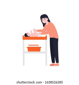 Mother and baby change diaper on changing table in clean dry nappy. Young mom taking care of little kid. Flat vector cartoon illustration.