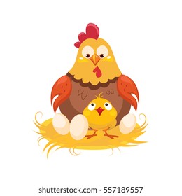 Mother And Baby Chicken In The Nest With Couple Of Eggs, Farm And Farming Related Illustration In Bright Cartoon Style