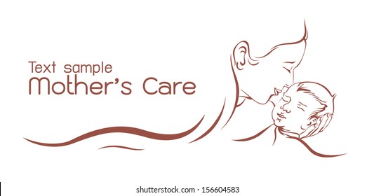 mother and baby child on hand, care, love and happy mam, drawing lines vector sign