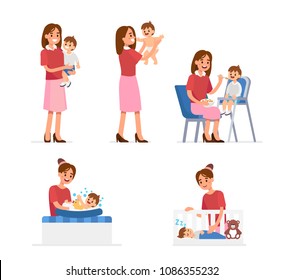 
Mother and baby collection. Baby feeding, playing, bathing, sleeping. Flat style vector illustration isolated on white background.