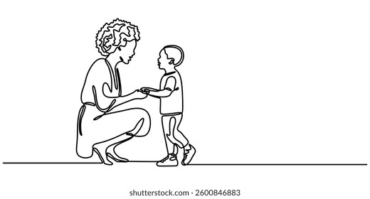 Mother and baby in continuous one line drawing. Mothers day celebration concept in single line art illustration. Editable vector, mother and baby image on Mather day Mather and his two children of pro