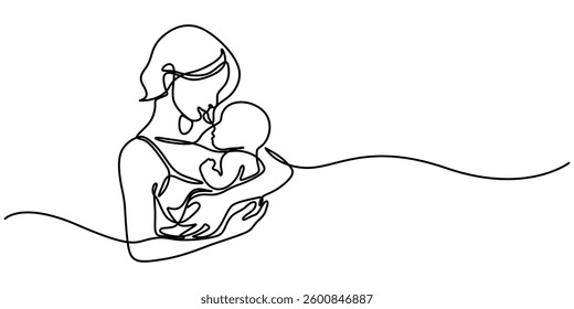 Mother and baby in continuous one line drawing. Mothers day celebration concept in single line art illustration. Editable vector, mother and baby image on Mather day Mather and his two children of pro