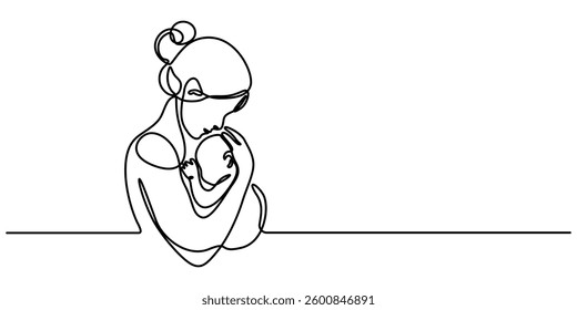 Mother and baby in continuous one line drawing. Mothers day celebration concept in single line art illustration. Editable vector, mother and baby image on Mather day Mather and his two children of pro