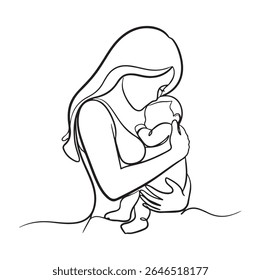 Mother and baby in a continuous one line drawing, minimalist vector art.