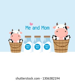 Mother and baby cow in milk bucket. Cute farm animal cartoon. 