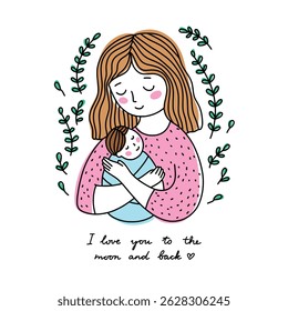 Mother and baby cute vector illustration with lettering