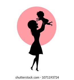 mother and baby daughter playing, mom lifting up child in the air, silhouette vector illustration, mothers day scene