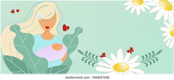 Mother and baby. Delicate banner with daisies for Mother's Day. A young mother gently holds the baby in caring hands. Flat vector illustration. Background with decorative plants and space for text.