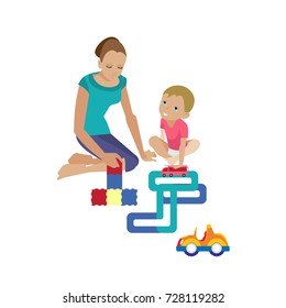 Mother and baby in different lifestyle situations. Happy family. Mom plays with the child, helping to assemble the constructor. Child plays in machine. Vector illustration in cartoon style.
