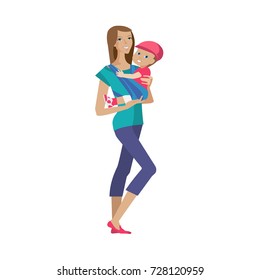 Mother and baby in different lifestyle situations. Happy family. Beautiful mother spends time with child, plays, has fun, has fun and cares in love, holds kid on hands. Illustration in cartoon style.