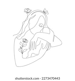 Mother and baby drawn in one line. Sketch. Woman, newborn, plant. Continuous line drawing cute art. Vector illustration in minimalist style.