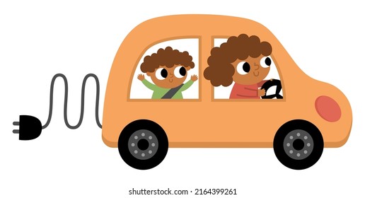 Mother and baby driving electro car. Alternative transport concept. Earth day illustration with family on ecological transportation. Emission reduce icon
