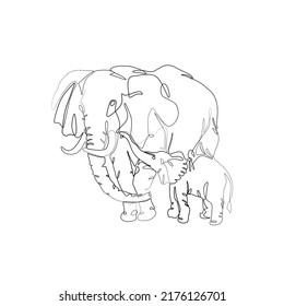 Mother and baby elephant, continuous line drawing, small tattoo, print for clothes and logo design, emblem or logo design, silhouette one single line on white background, isolated vector illustration.