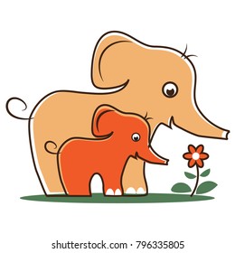 Mother and the baby elephants cartoon vector illustration