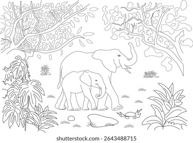 Mother and Baby Elephants in the Jungle Line Art, Black and white line art illustration depicting a mother elephant and her baby walking through a lush jungle landscape with tropical plants and