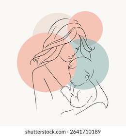 Mother and baby embrace in a minimalist line art illustration with soft color circles in background