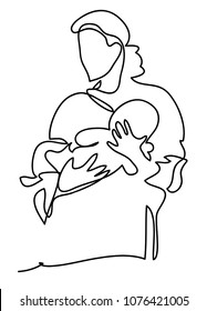 A mother with a baby. Family, motherhood and lifestyle concept. Continuous line drawing. Isolated on the white background. Vector monochrome, drawing by lines. sketch