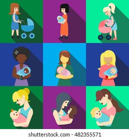 mother with baby flat icons set elements, editable icons, can be used in logo, UI and web design