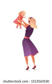 Mother and baby flat vector illustration. Young woman playing with cute toddler. Beautiful mommy enjoying happy motherhood. Charming daughter smiling to mom. Mothers day poster design element