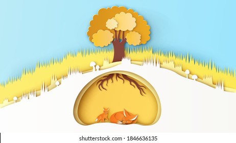 Madre y zorro bebé están felices de vivir en un hueco bajo el árbol el otoño. Familia de zorros en otoño. corte de papel y estilo artesanal. vector, ilustración.