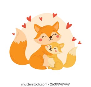 Mother and baby foxes. Cute family of forest animals. Flat vector illustration of a mother and her child