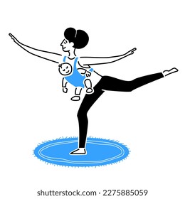 Mother with baby in front facing baby carrier doing yoga flat vector Illustration 