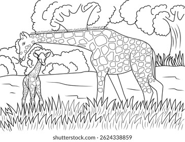 Mother and Baby Giraffe in Grassland Line Art, Black and white line drawing of a mother giraffe standing alongside her baby in a grassland setting with trees and clouds in the background. Ideal for