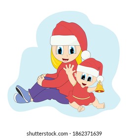 mother and baby girl on christmas, simple vector illustration